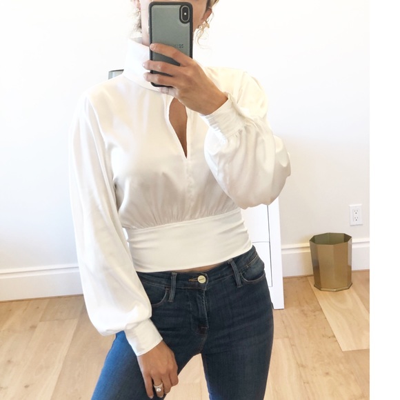 MILAN White Cropped Keyhole Mock Tie Blouse - Picture 3 of 10